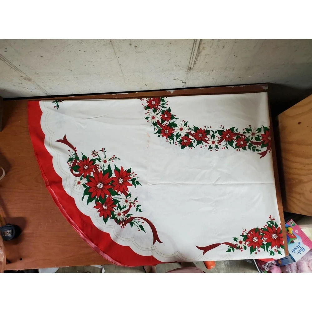 Vintage MCM Holiday Christmas Table Cloth Linen Blend‎ Bells Holly 84